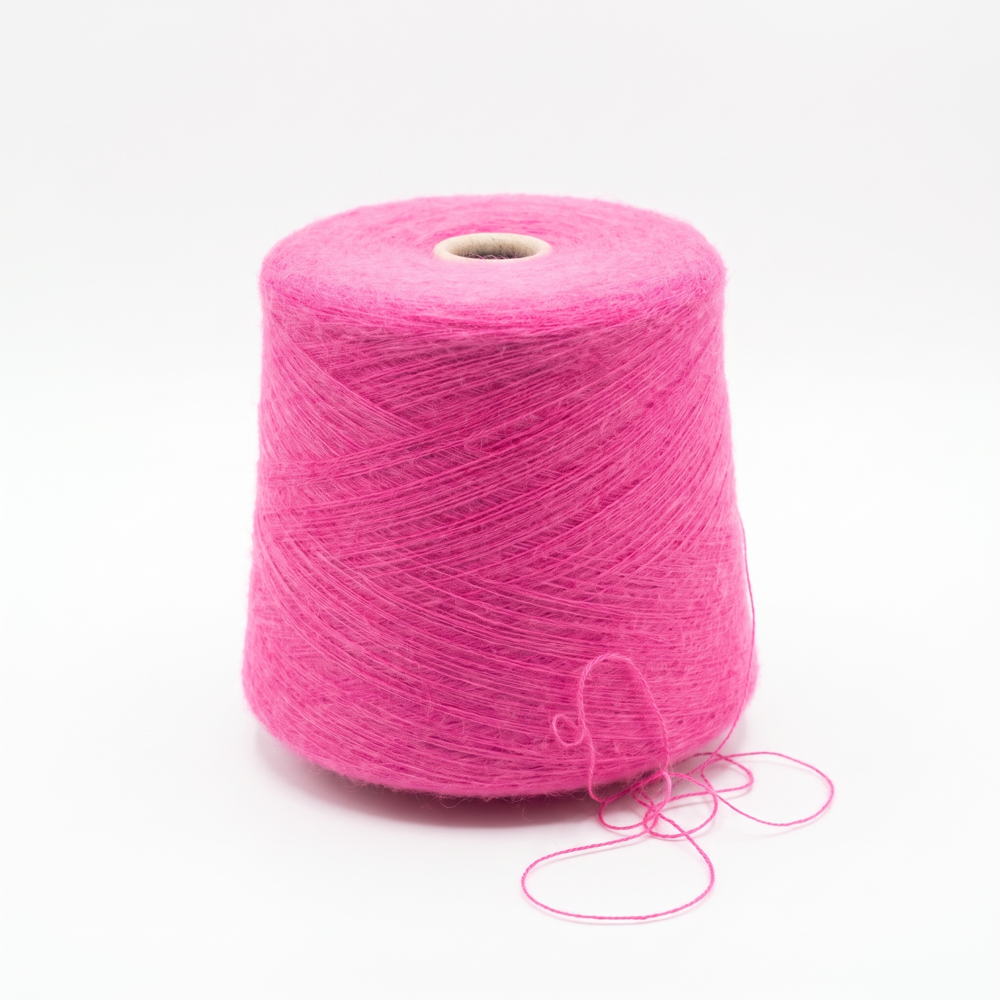 En cone med starkt rosa garn på en vit bakgrund.