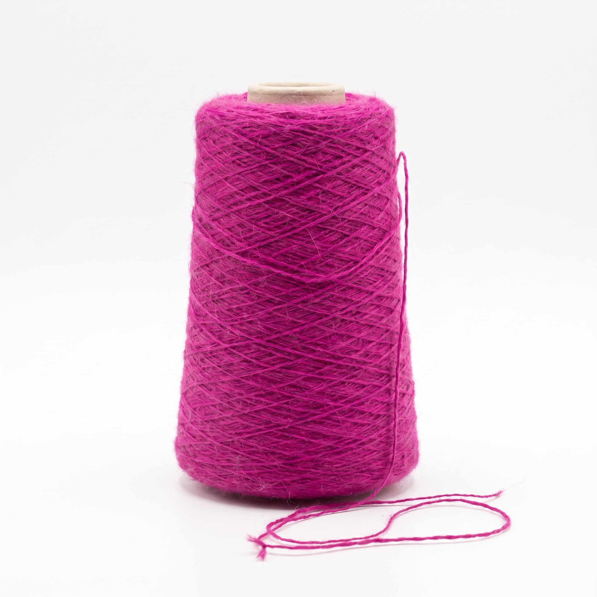 En stor cone med ljust rosa, luddigt garn mot en vit bakgrund.