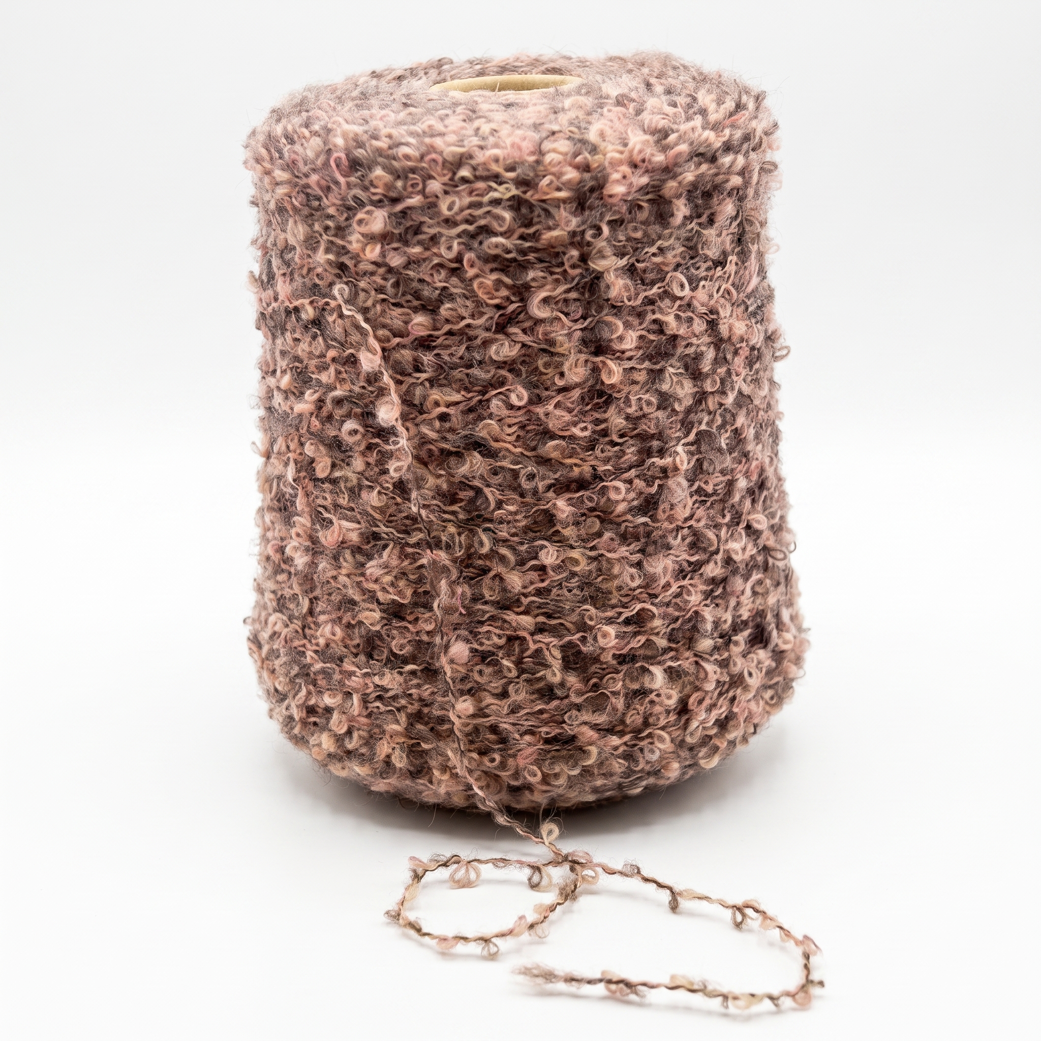 En cone med bouclégarn i bruna och rosa nyanser, med en lös tråd framför.