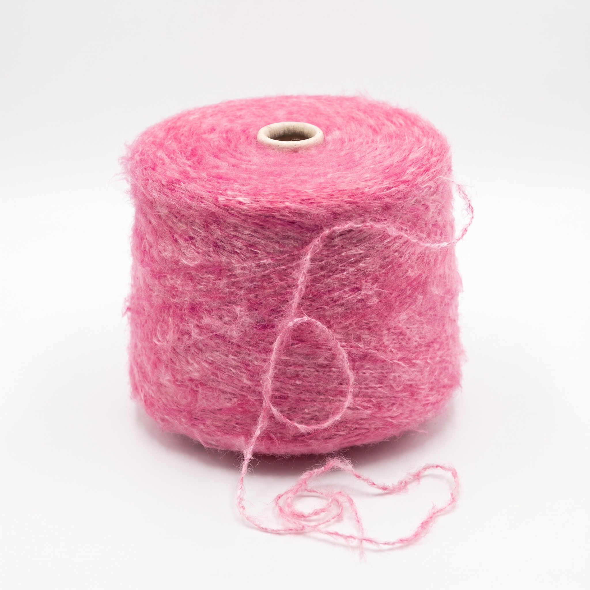 En stor cone med fluffigt, rosa garn.