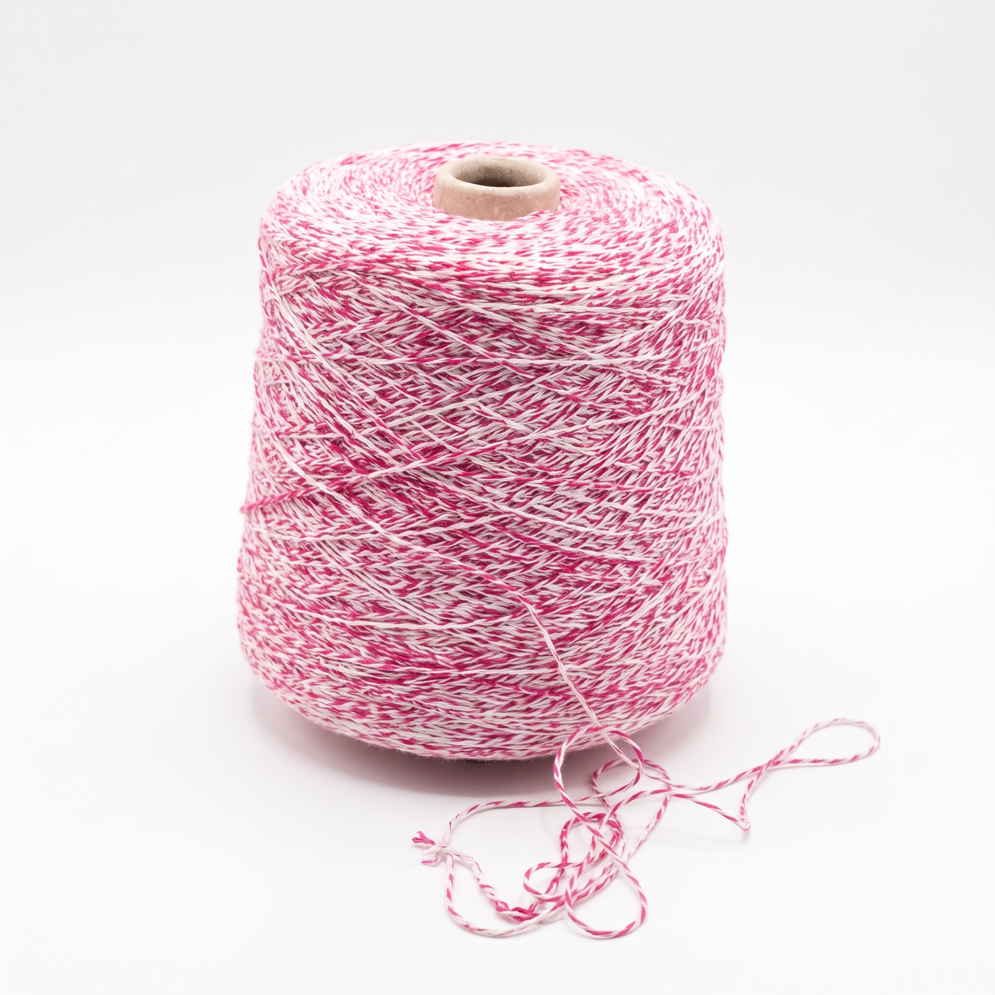 En stor cone med rosa och vitt randigt garn och en lös ände.