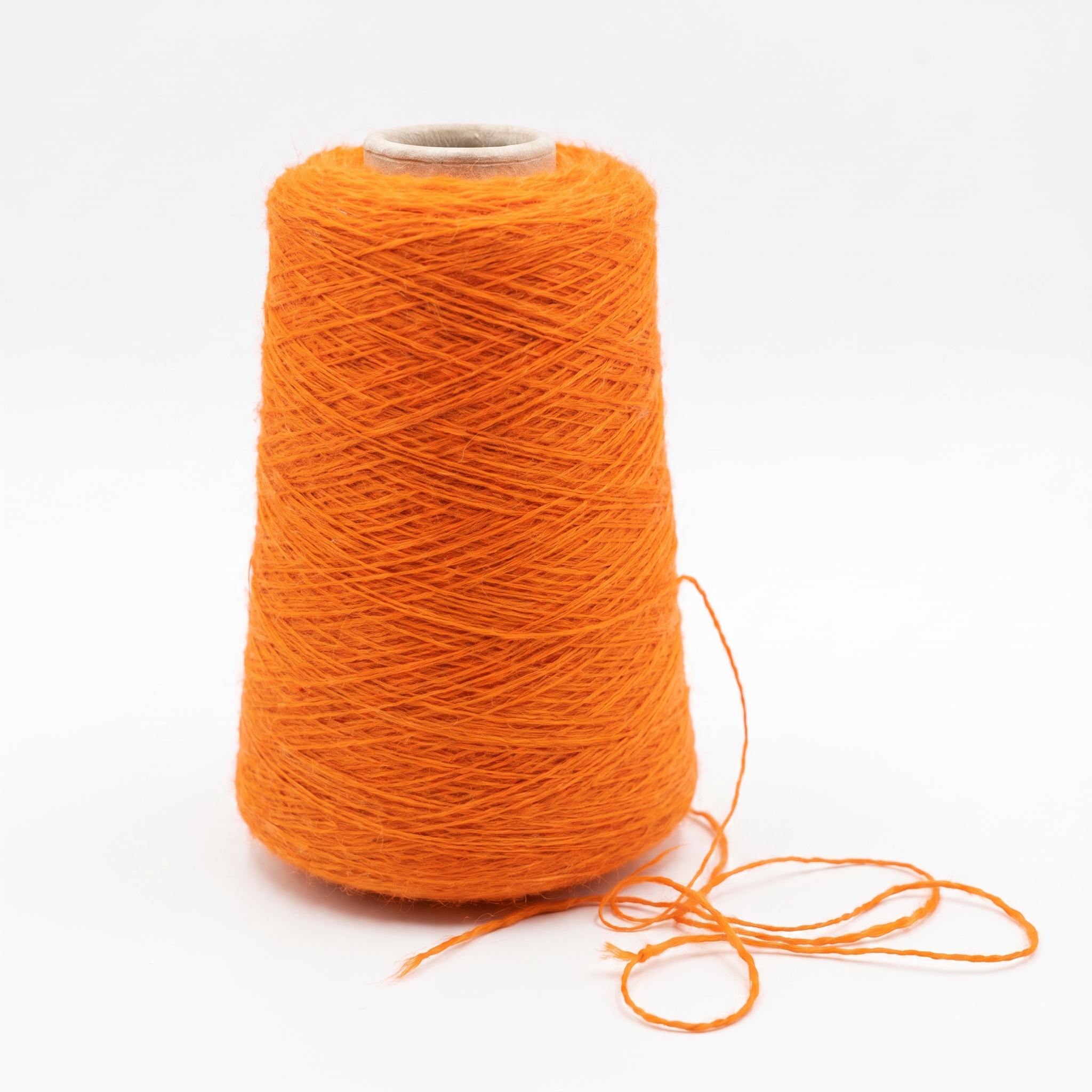 En stor cone med orange garn och en lös tråd på en vit bakgrund.