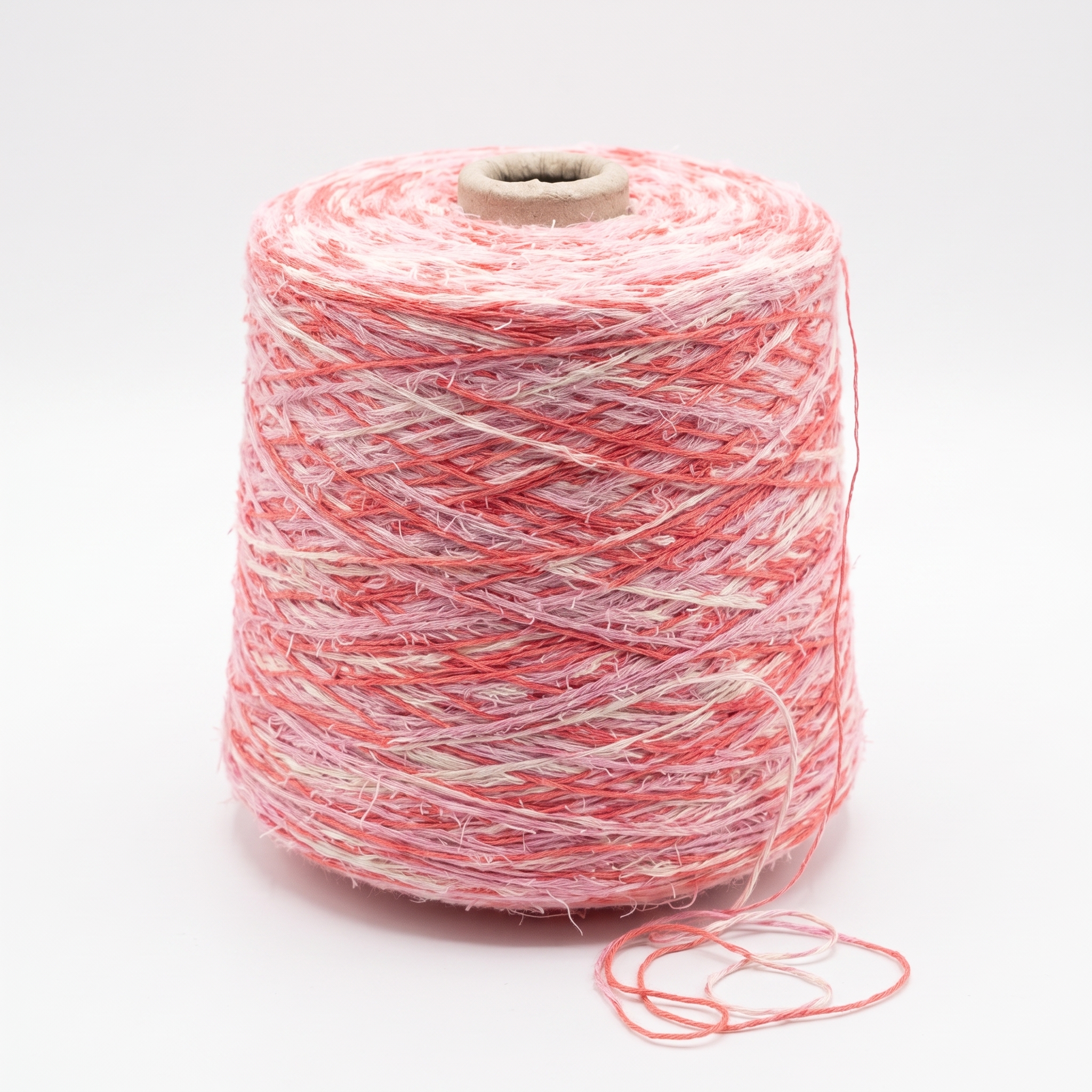 En cone med flerfärgat garn i nyanser av rosa, korall och gräddvitt med en strukturerad yta.