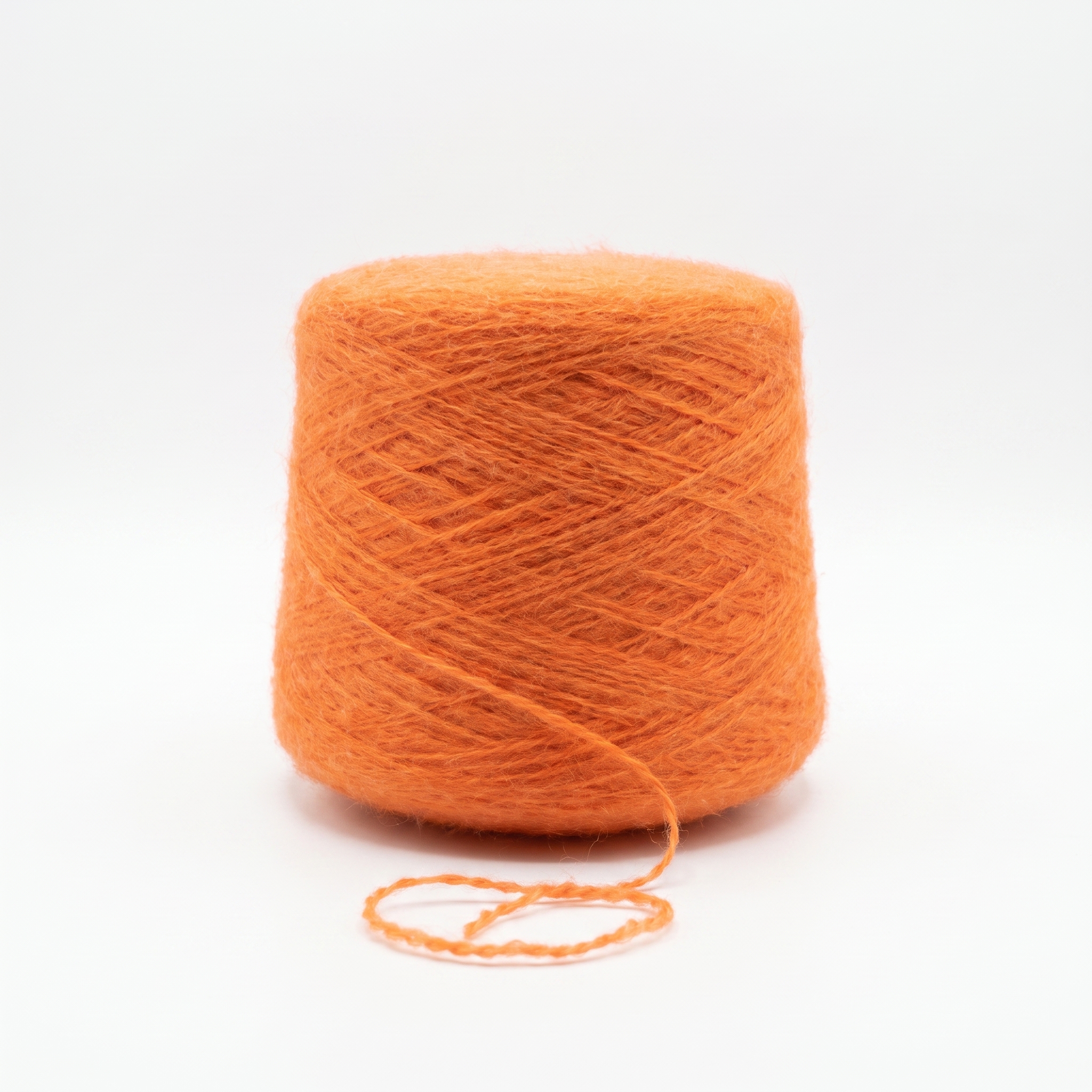 En cone med orange, luddigt garn på en vit bakgrund.
