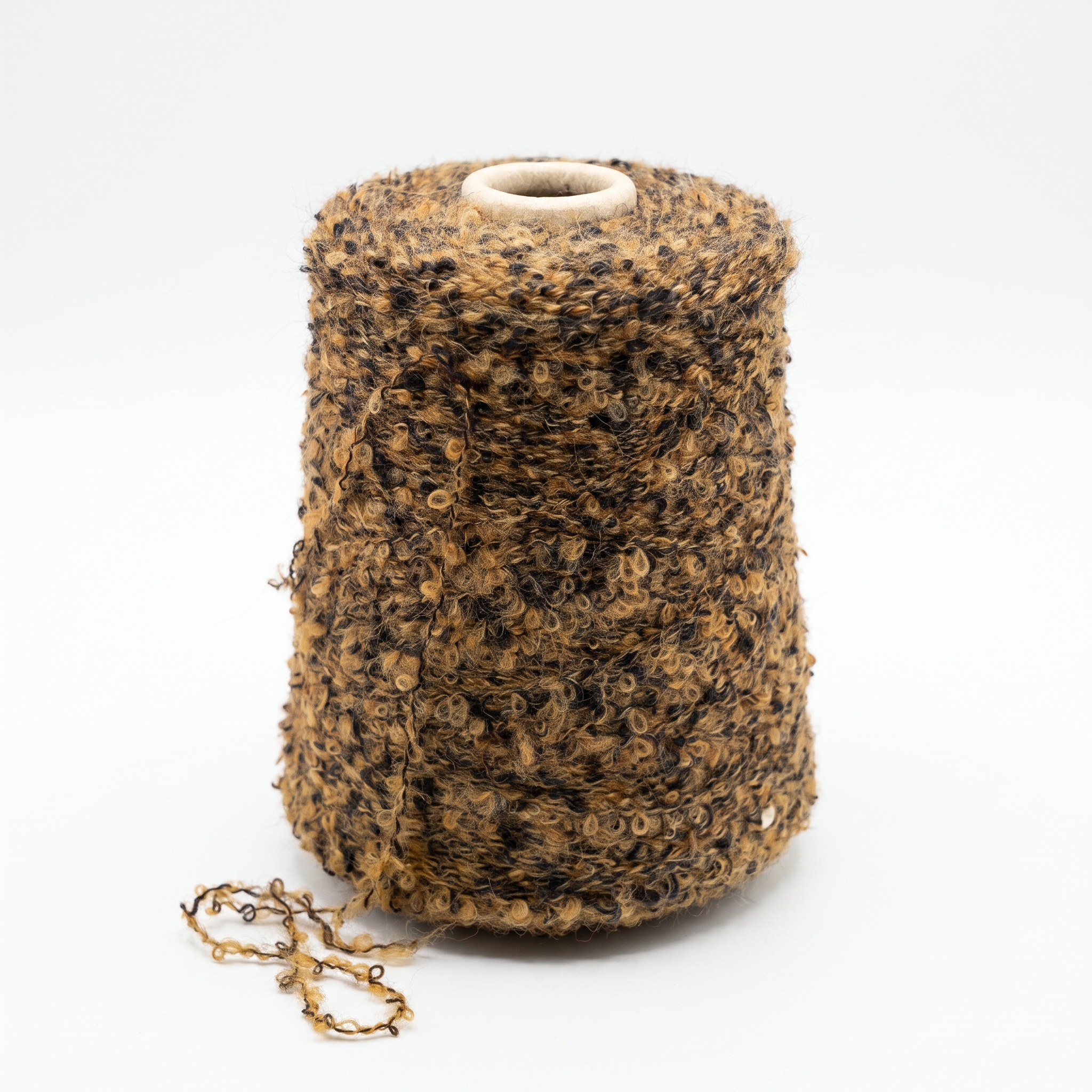 En cone med texturerat garn i bruna och svarta nyanser står på en vit bakgrund.