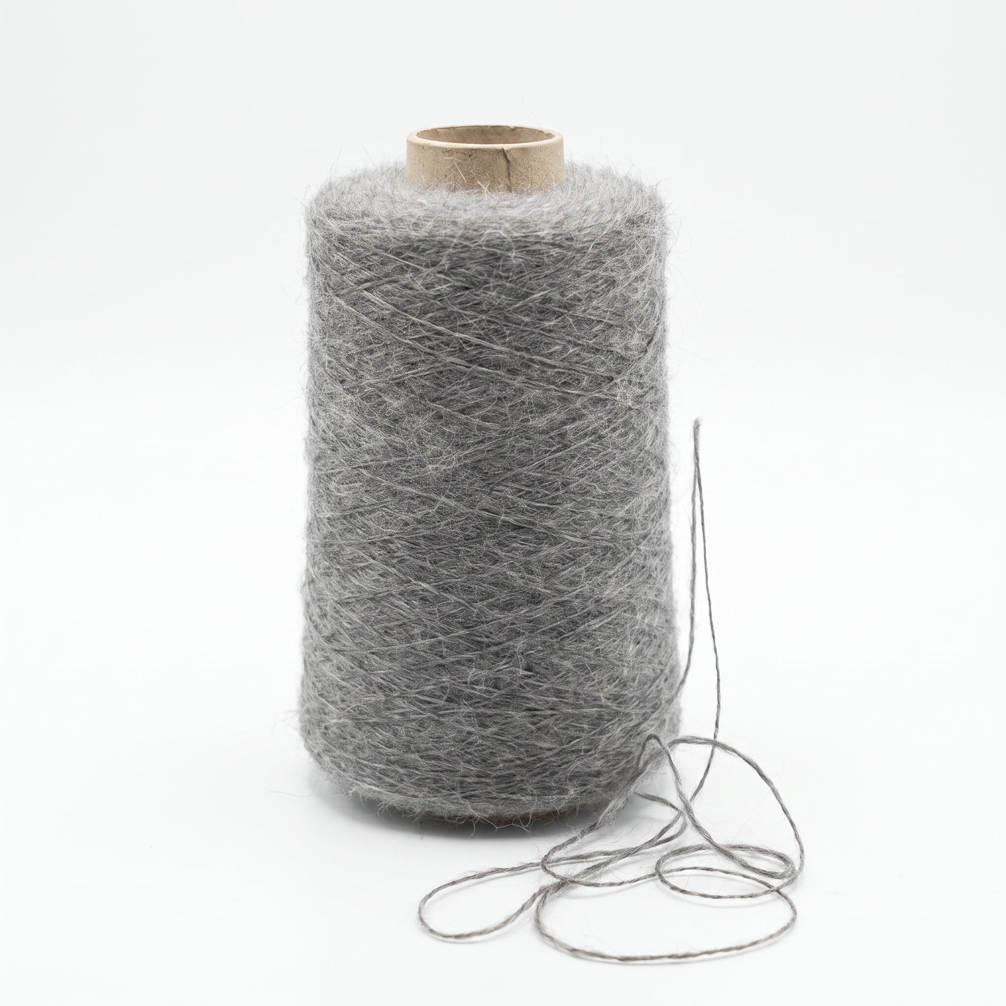 En cone med grått, fluffigt garn och en lös ände.